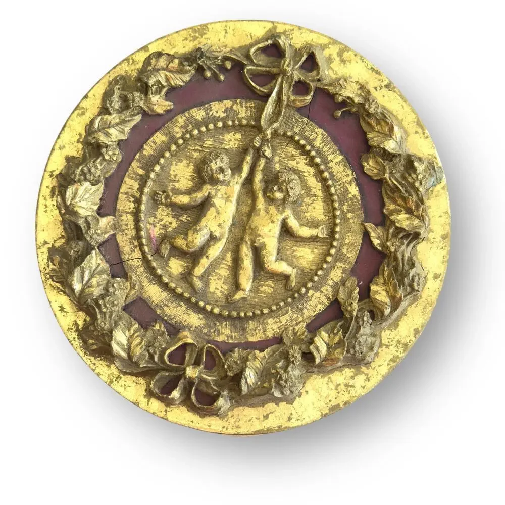 12” Paper Mache Round Box Ornate Gold and Maroon Cherub Decor Victorian Style